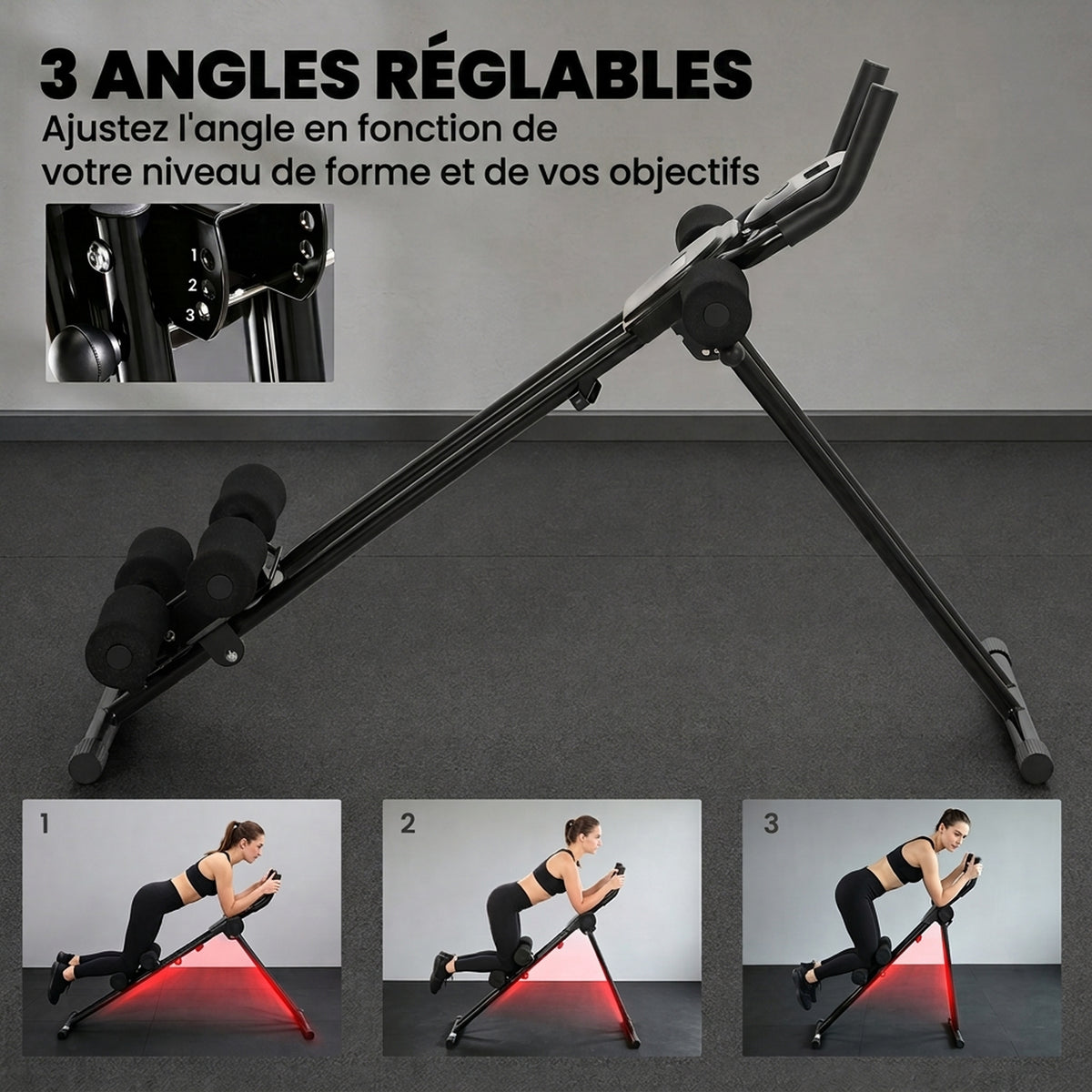 Appareil à Abdominaux Pliable avec Écran LCD, Double Rail, Mousse PVC, Cadre en Acier, 92x41x83cm, Noir