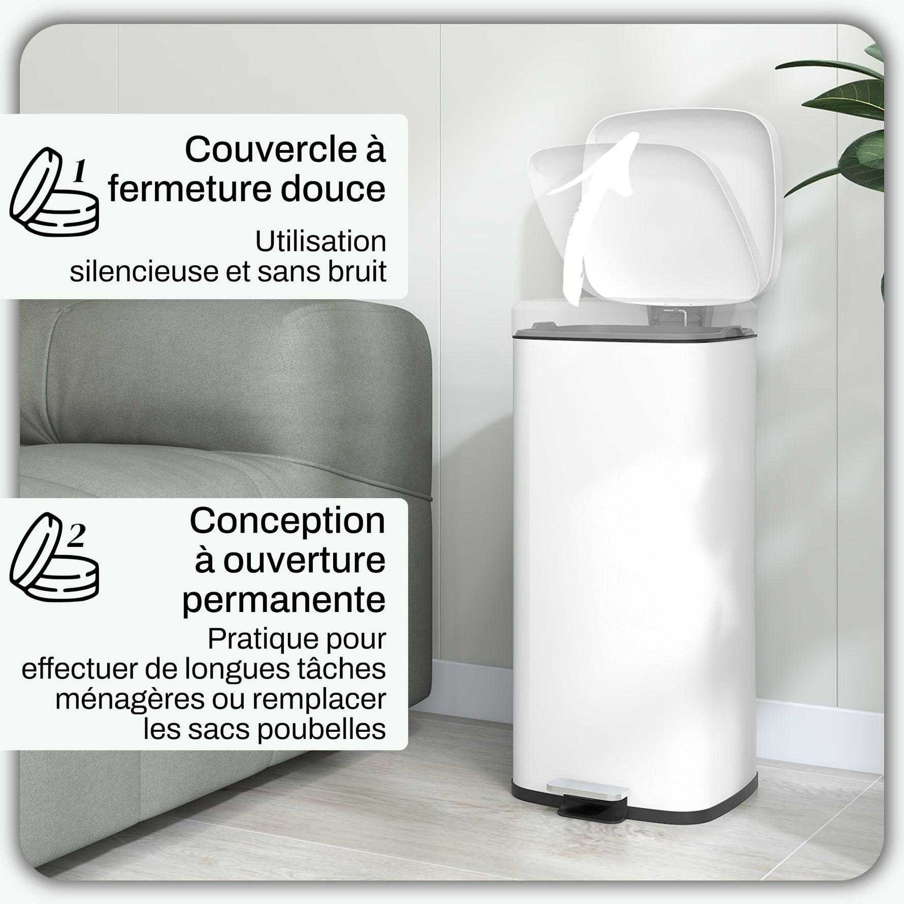 Poubelle de cuisine 30L avec couvercle à fermeture douce et pédale, seau intérieur amovible, 28L x 35l x 63,5H cm, blanc