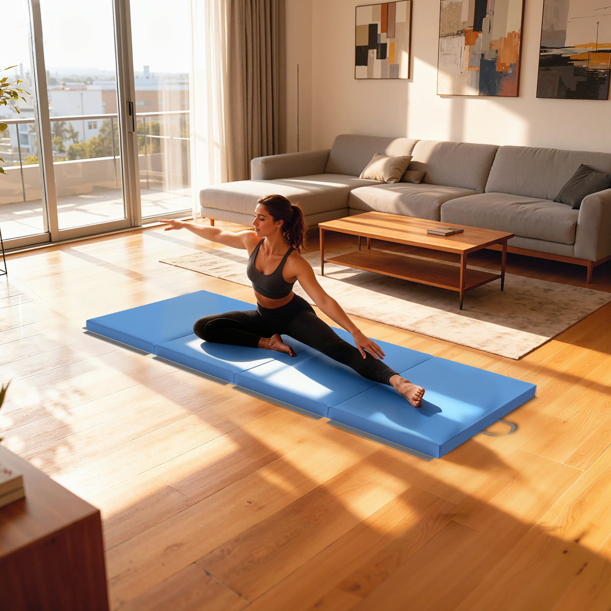Tapis de gymnastique yoga pilates fitness pliable en 4 avec poignées revêtement synthétique 180 x 80 x 5 cm bleu clair