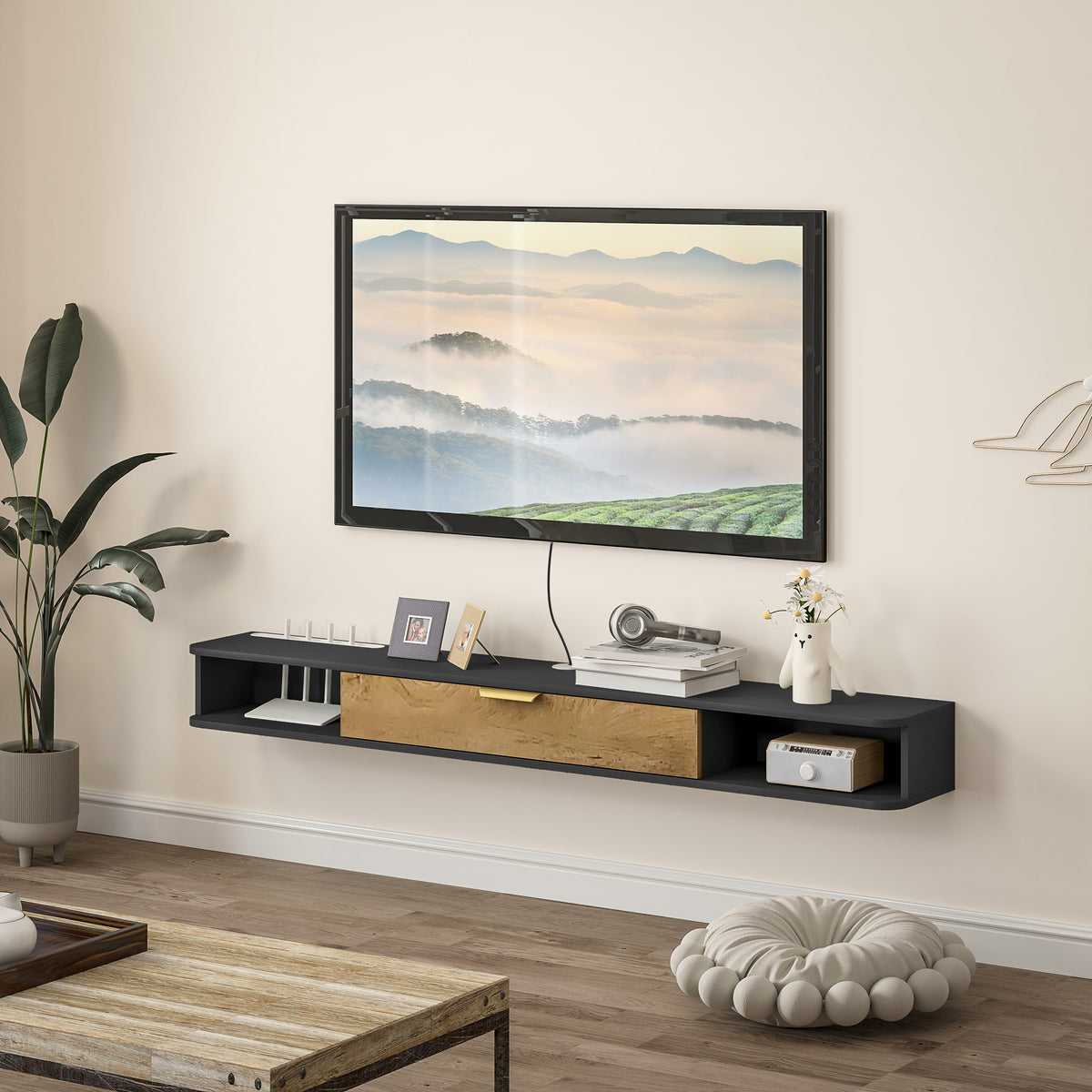 Hangend tv-meubel met open vakken, klepdeur en kabeldoorvoer, 160 x 24 x 16 cm, grijs