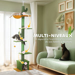 Arbre à chat, hauteur 275cm, 6 niveaux pour chat d'intérieur, du sol au plafond, avec plate-formes, niche, hamac, vert