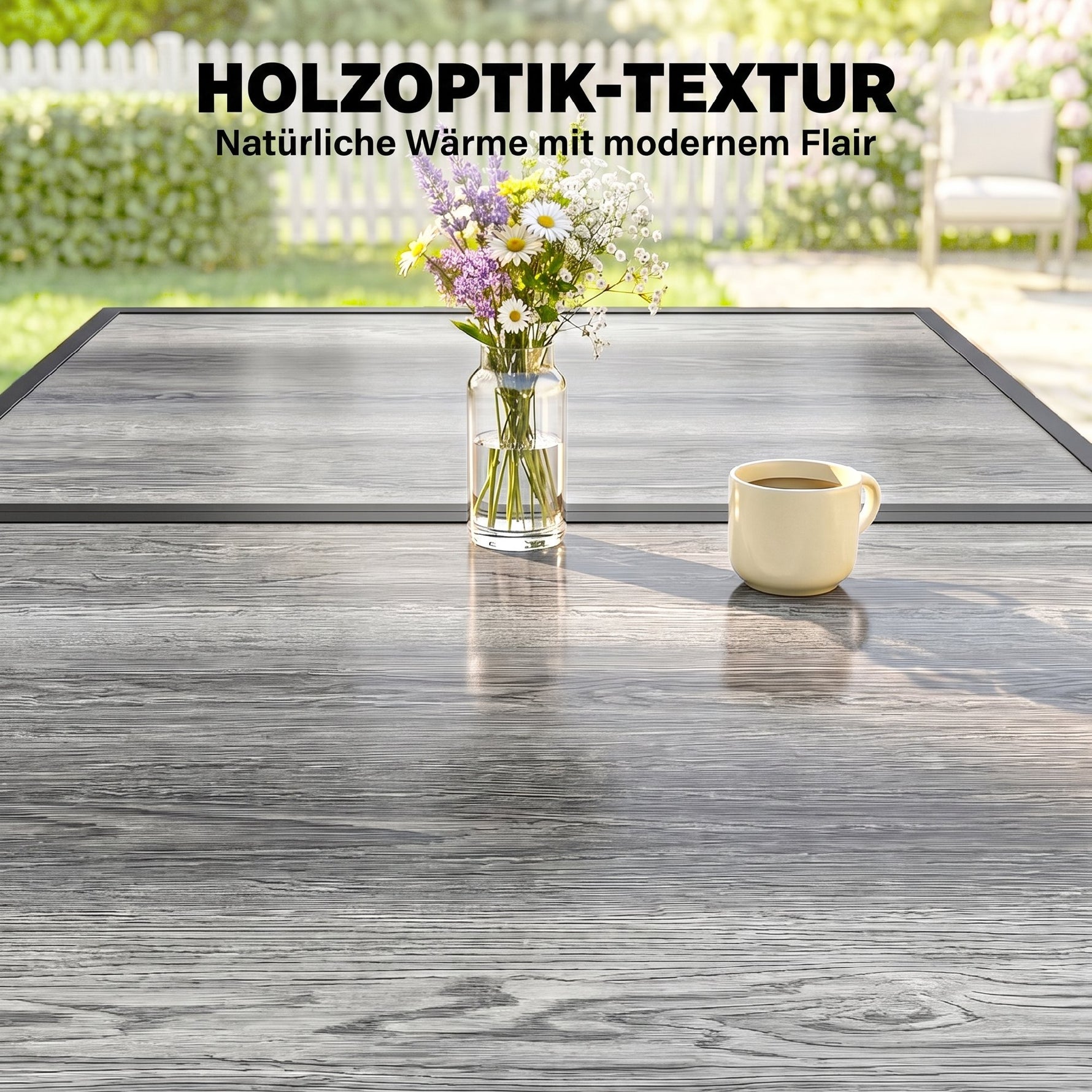 Table de jardin pour 4 à 6 personnes, table à manger extérieure avec plateau à effet bois, 150 x 80 x 74 cm, gris