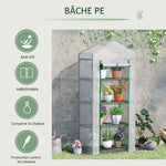 Serre de Jardin PE avec Étagères 4 Niveaux, Serre de Balcon, Bâche Renforcée 140g/m², Châssis en Acier, Porte Zippée Enroulable, pour Légumes et Plantes, Extérieur, 70x50x160cm, Blanc