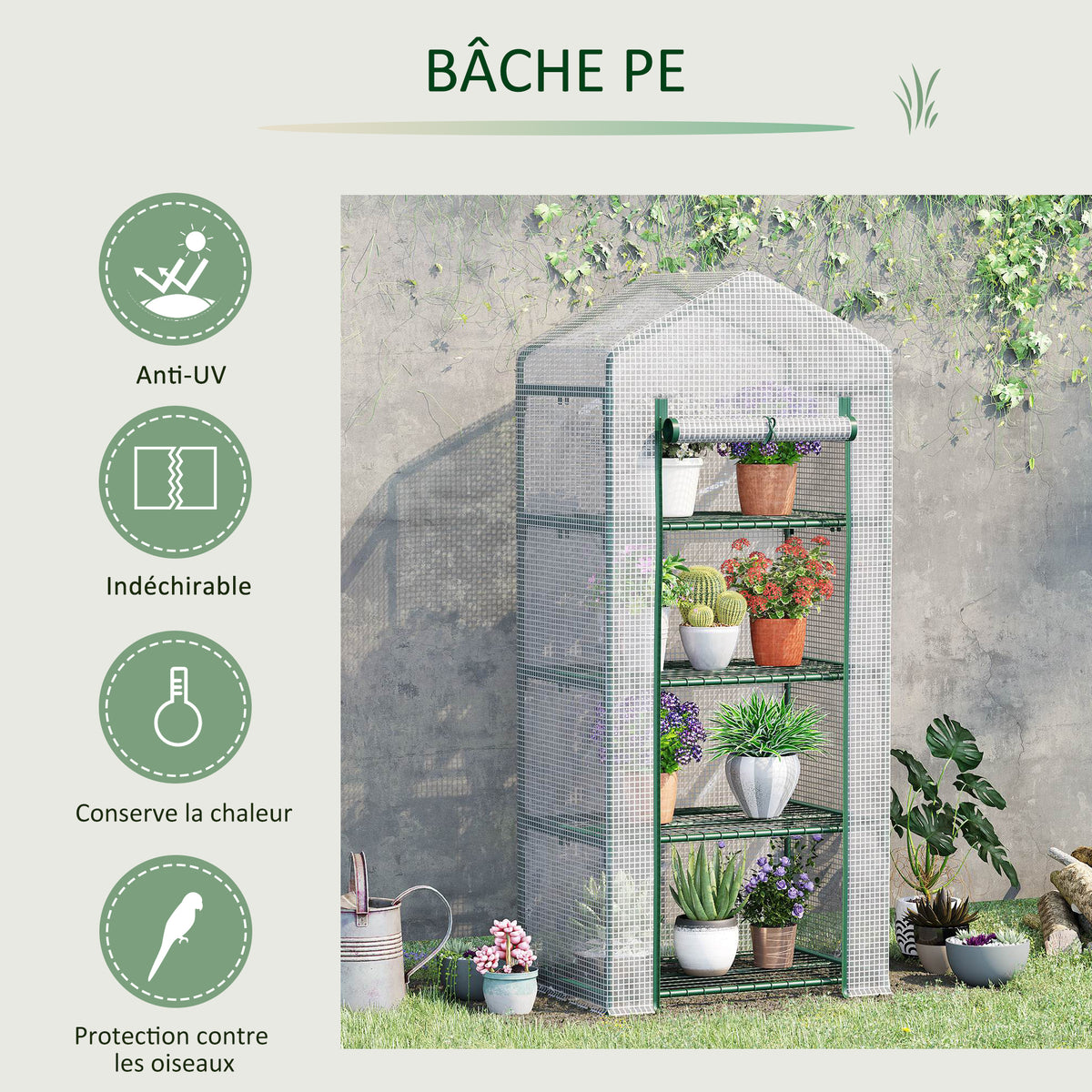 Serre de Jardin PE avec Étagères 4 Niveaux, Serre de Balcon, Bâche Renforcée 140g/m², Châssis en Acier, Porte Zippée Enroulable, pour Légumes et Plantes, Extérieur, 70x50x160cm, Blanc