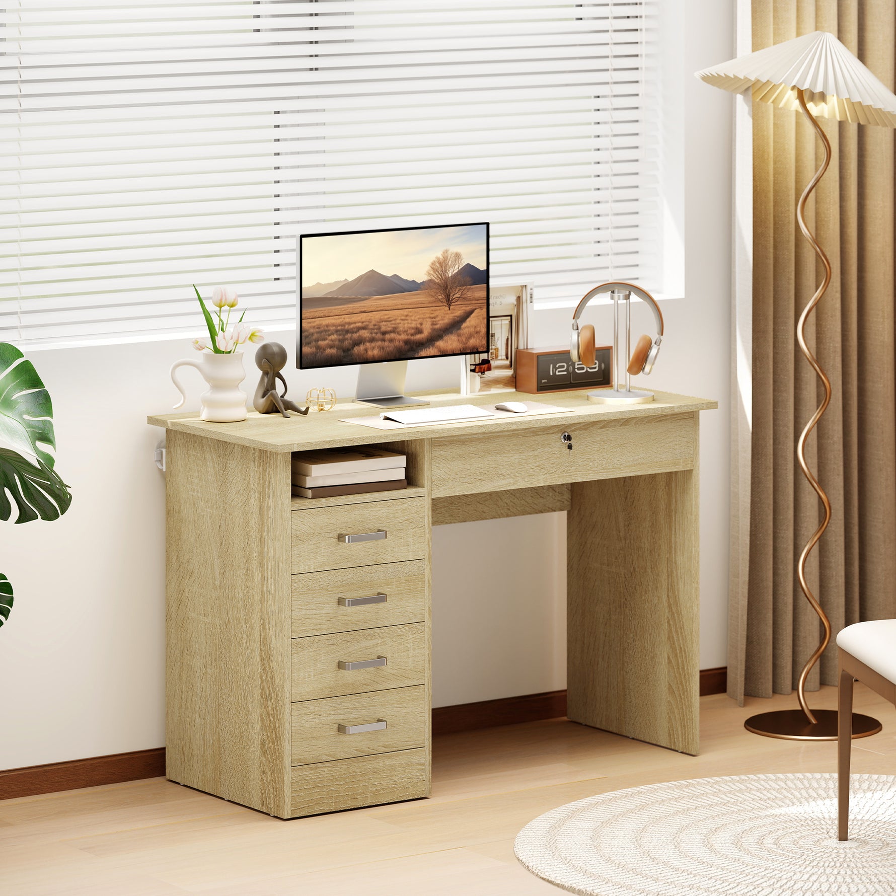 Bureau moderne avec 5 tiroirs, grand plateau, 1 compartiment ouvert, tiroir verrouillable, 110 x 50 x 76cm, chêne