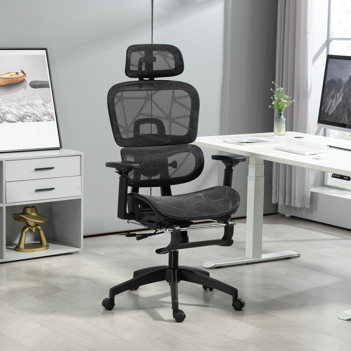 Bureaustoel, ergonomische bureaustoel van mesh met 3D-armleuningen, verstelbare rugleuning, 66x64x122 cm, zwart