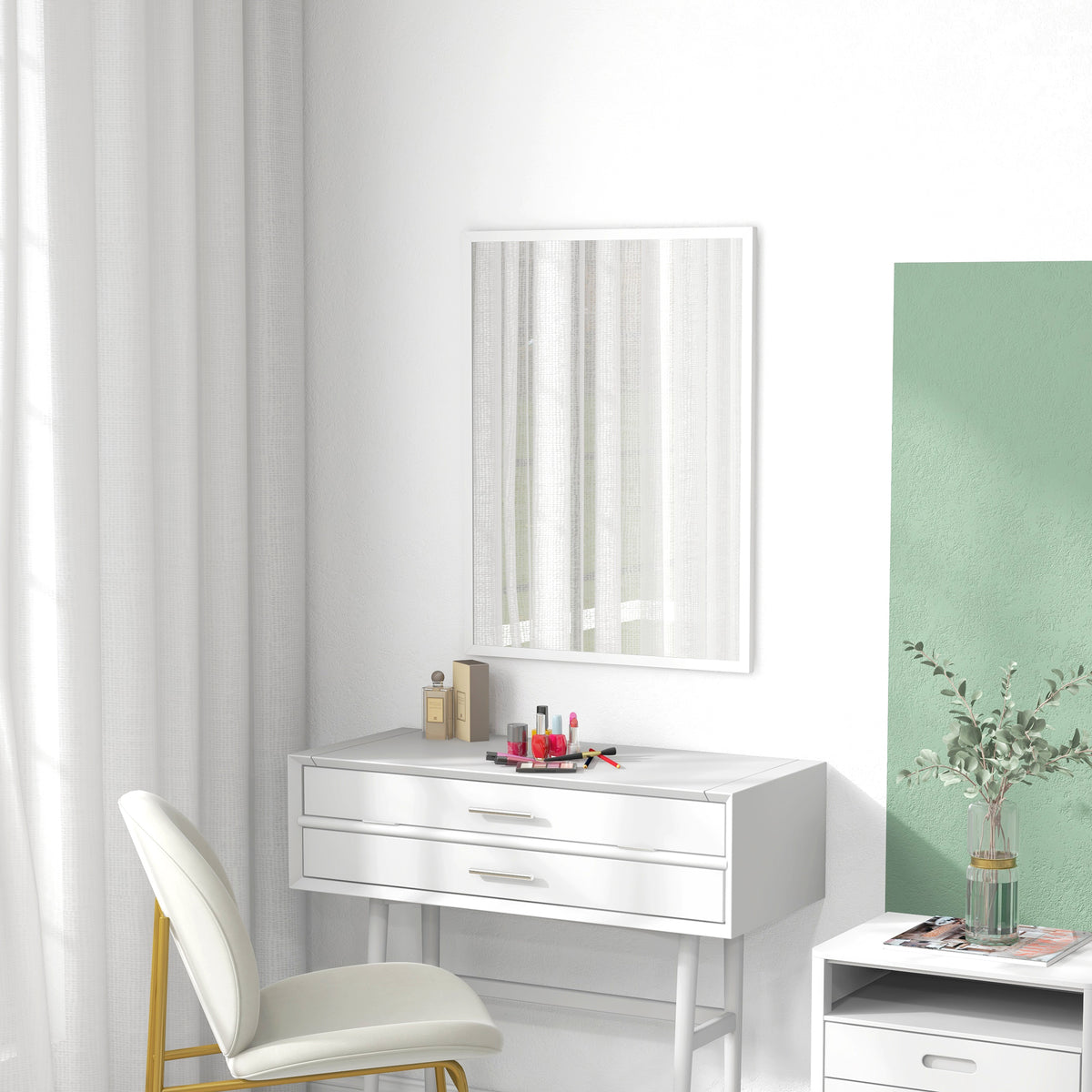 Miroir mural rectangulaire 60 x 80 cm, cadre en MDF, idéal pour la salle de bain, salon ou chambre, blanc
