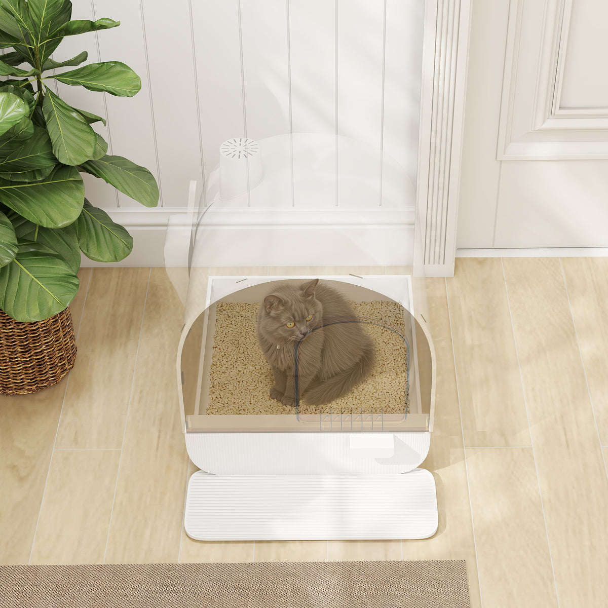 Maison de toilette pour chat avec tiroir amovible, bac à litière fermé avec tapis anti-trace, pelle, filtre anti-odeur et porte battante, nettoyage facile, 43 x 44 x 47 cm, blanc
