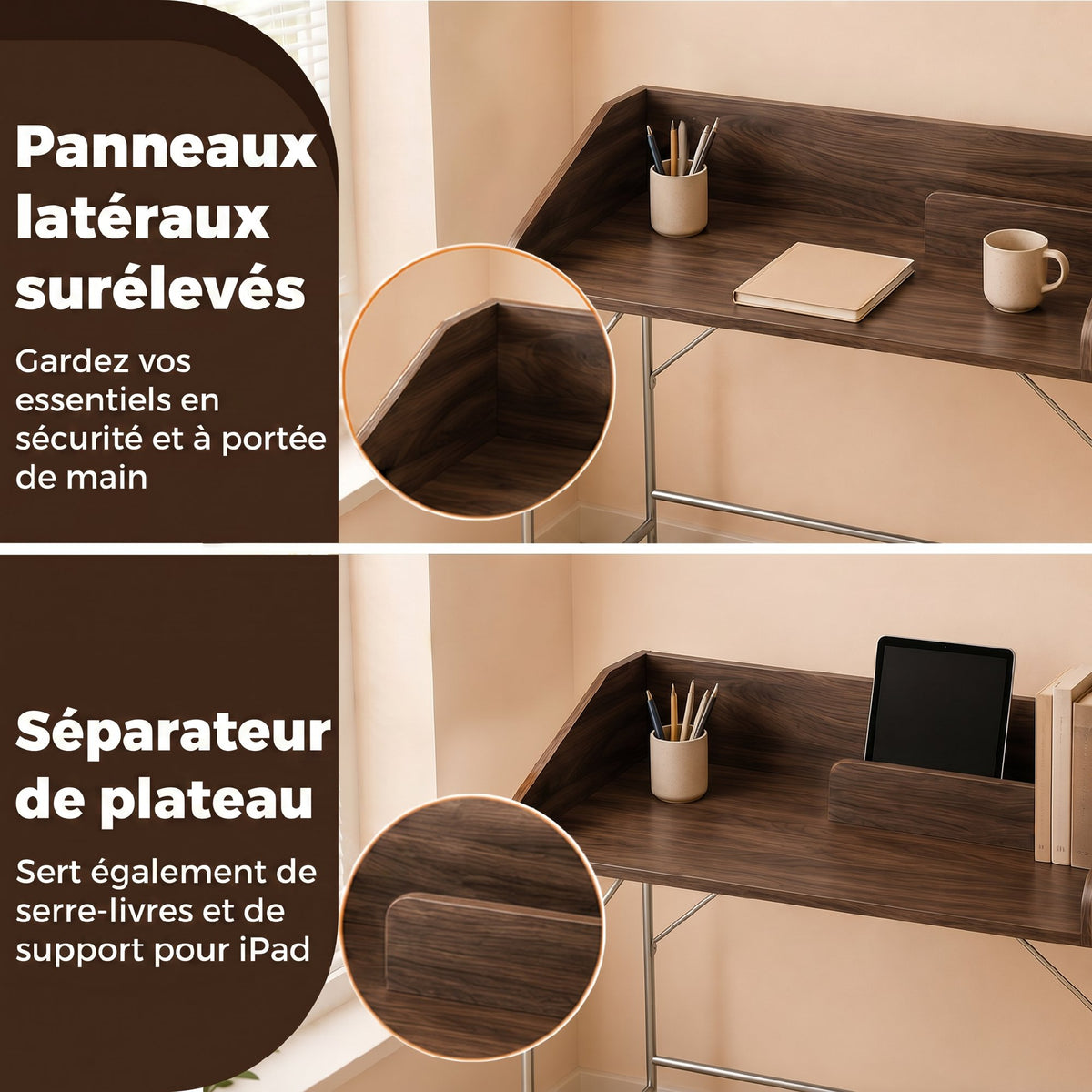 Bureau, bureau d'ordinateur 109 cm avec rebord de sécurité et structure en métal, noyer