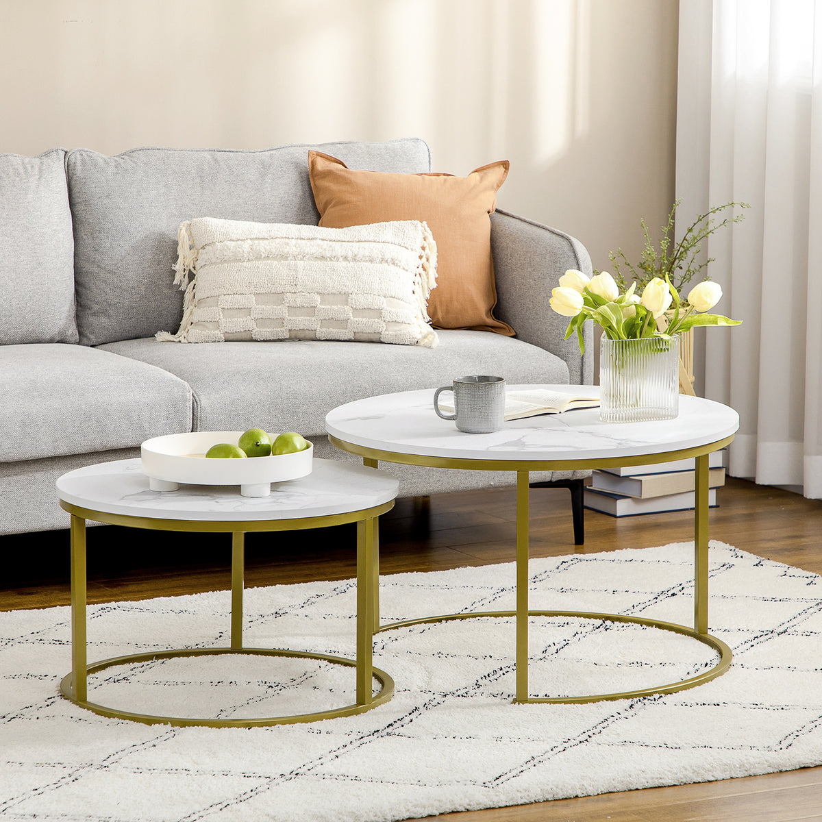 Set van 2 ronde nesttafels met marmerlook blad en stalen frame Ø 74 x 46,3 cm wit goud