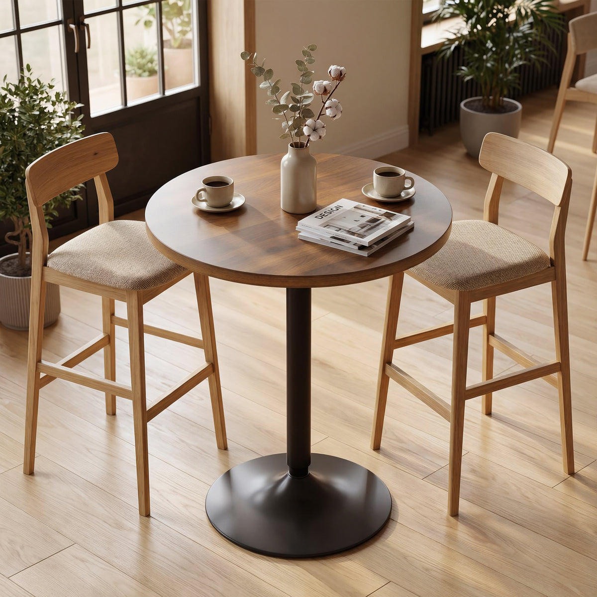 Table de bar ronde 60 cm, table haute cuisine mange-debout avec patins antidérapants, pour cuisine, salon, noyer