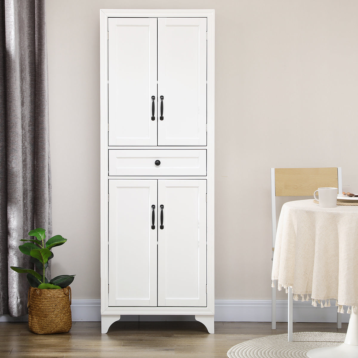 Credenza alta mobile da cucina 4 ante 2 scomparti e 1 cassetto centrale altezza 170 cm con ripiano regolabile bianco