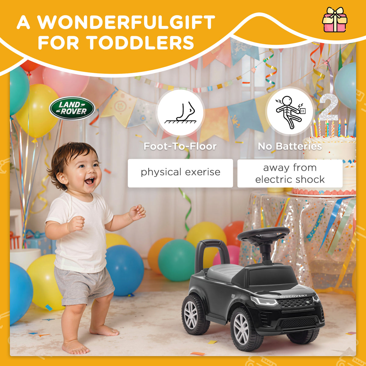 Porteur enfants voiture sous licence Land Rover, véhicule à pousser, klaxon, sons de moteur, rangement sous siège, noir