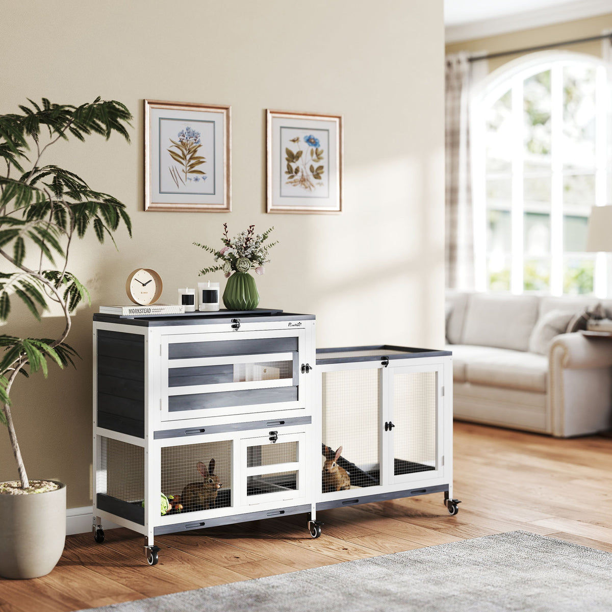 Gabbia per conigli in legno a 2 piani con ruote, 3 vassoi, per 2-3 conigli, 147 x 45 x 89,5 cm, grigio