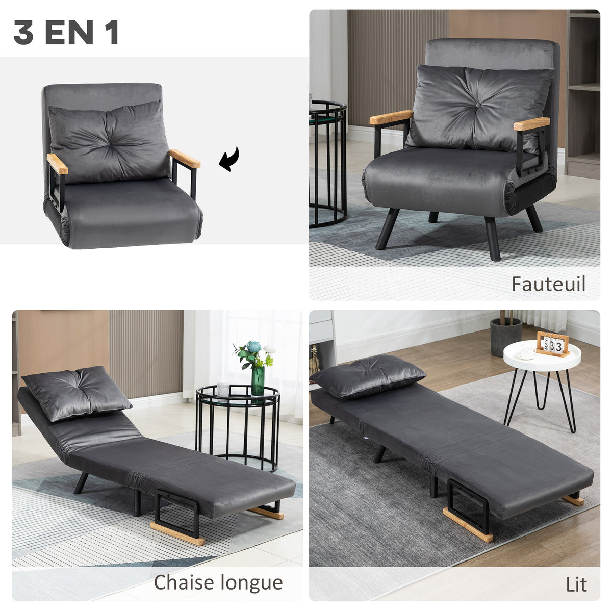Fauteuil convertible 1 place fauteuil-lit chauffeuse 3 en 1 dossier réglable oreiller tissu velours 63x73x81cm gris