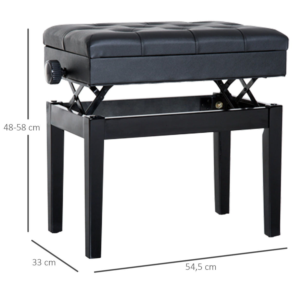 Banc de piano, banc de clavier réglable en hauteur en bois massif, tabouret piano avec compartiment caché, siège rembourré polyuréthane à 10 boutons, stable et antidérapant, charge 200kg, noir
