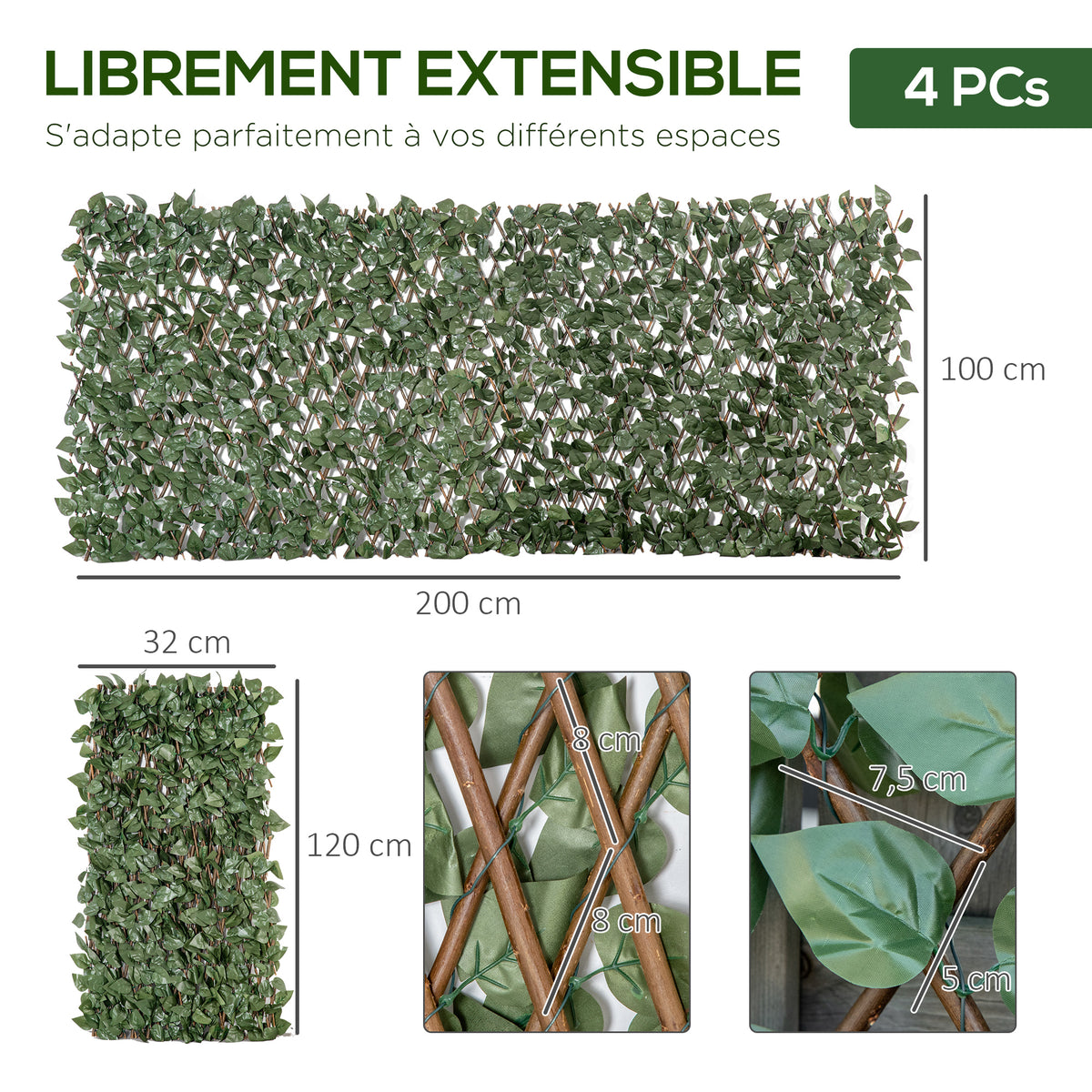 Lot de 4 Haies Artificielles de Lierre Extensible, Feuilles Murale Brise-vue en Polyester Osier, 200 x 100 cm, Vert