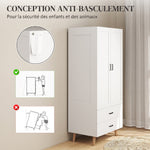 Armoire chambre penderie 2 portes à fermeture douce, 2 tiroirs et barre de suspension, 80x54x180cm, blanc