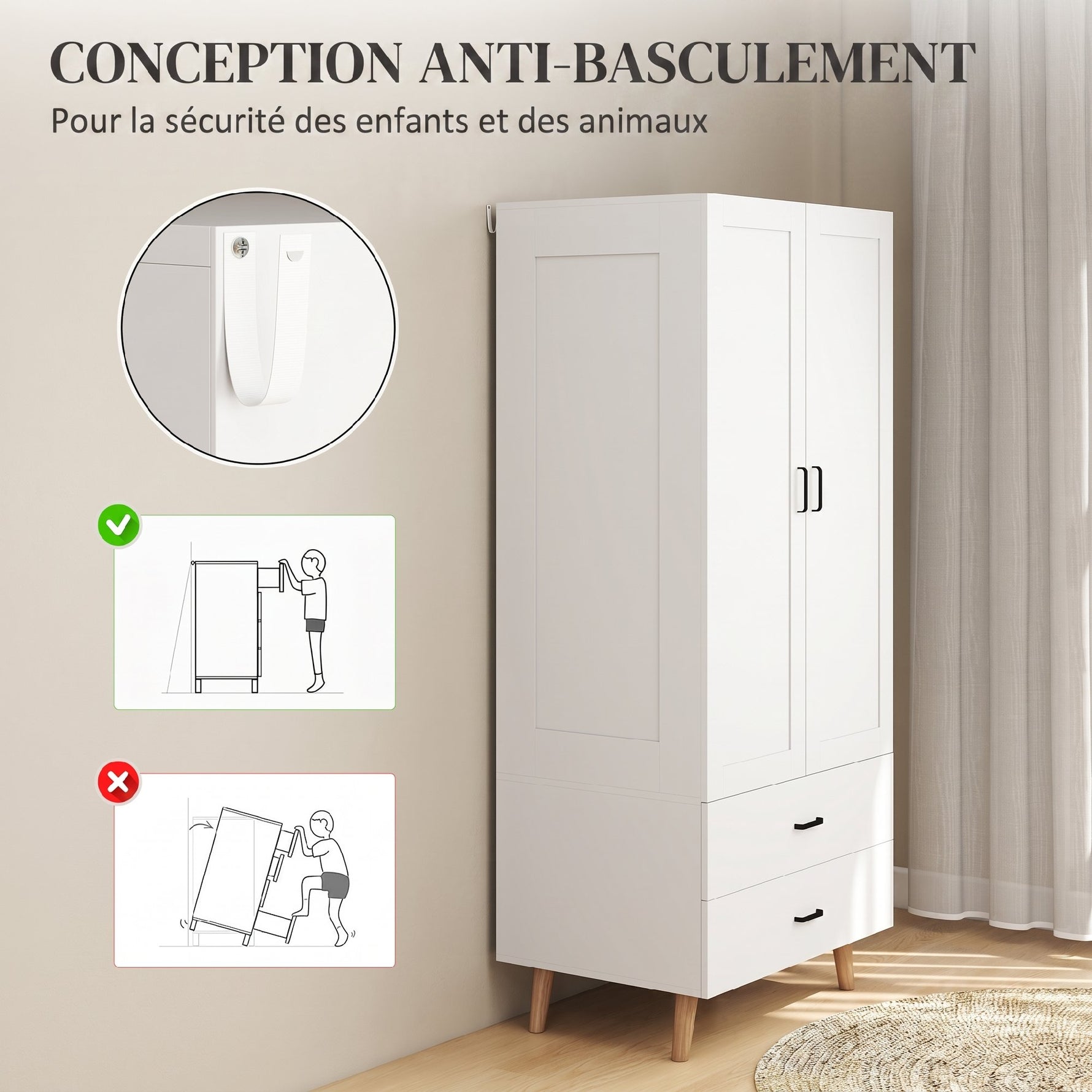 Armoire chambre penderie 2 portes à fermeture douce, 2 tiroirs et barre de suspension, 80x54x180cm, blanc