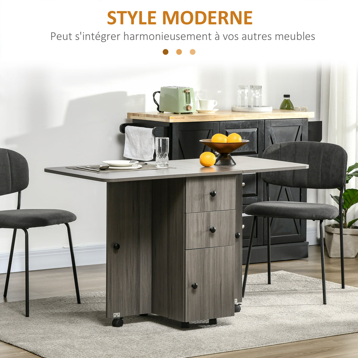 Table de cuisine pliable table à manger pliante 2 plateaux rabattables avec 2 tiroirs 1 placard gris