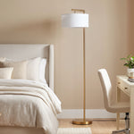 Lampadaire lampe à pied abat-jour en tissu de lin base ronde stable pour salle bureau or et blanc