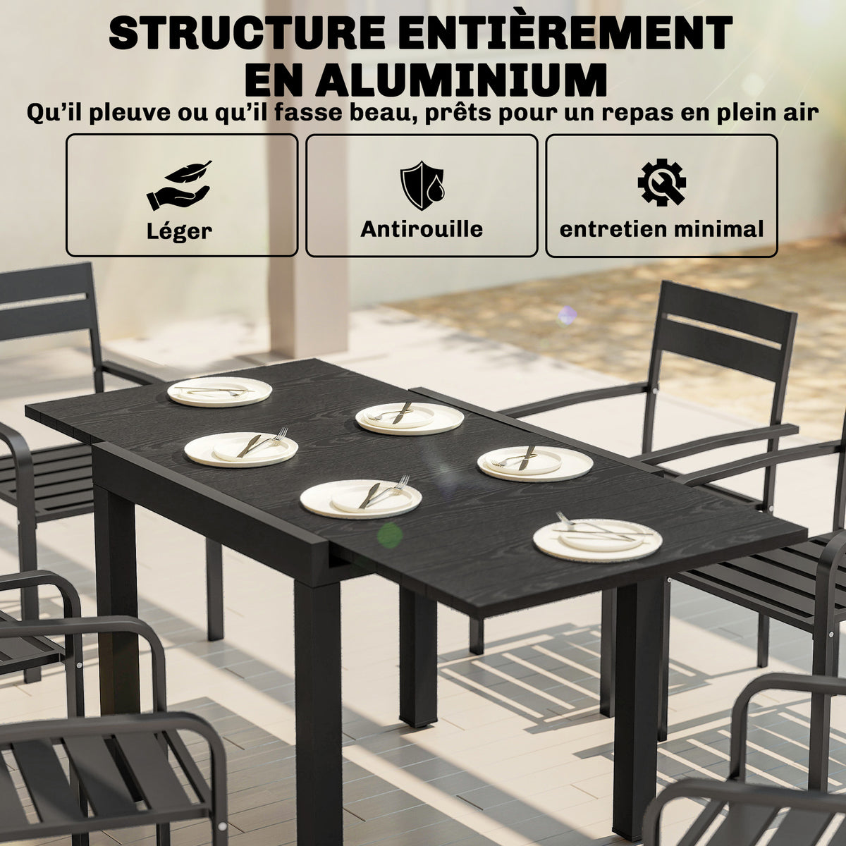 Table de jardin extensible pour 4-6 personnes avec rallonge auto-stockée aluminium avec effet bois 80-160 x 80 cm noir