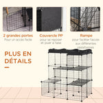 Cage parc enclos pour petits animaux chats lapins modulable 3 niveaux 2 portes rampe fil métallique 105 x 70 x 116 cm noir