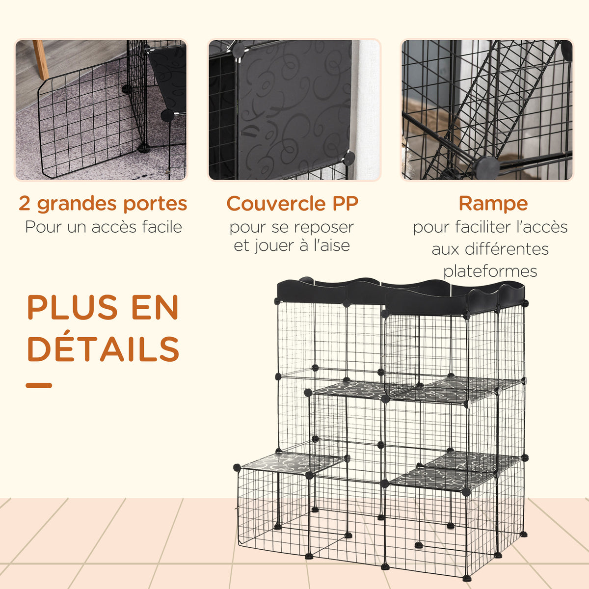 Cage parc enclos pour petits animaux chats lapins modulable 3 niveaux 2 portes rampe fil métallique 105 x 70 x 116 cm noir