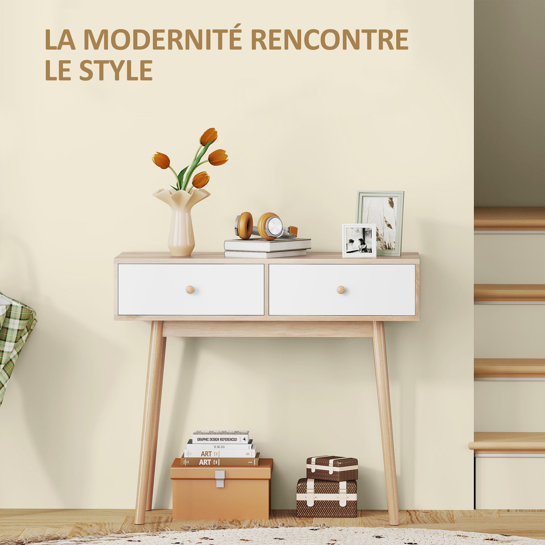 Table console avec 2 tiroirs et pieds en bois, pour salon, entrée, couloir, 86 x 35 x 75 cm, chêne et blanc