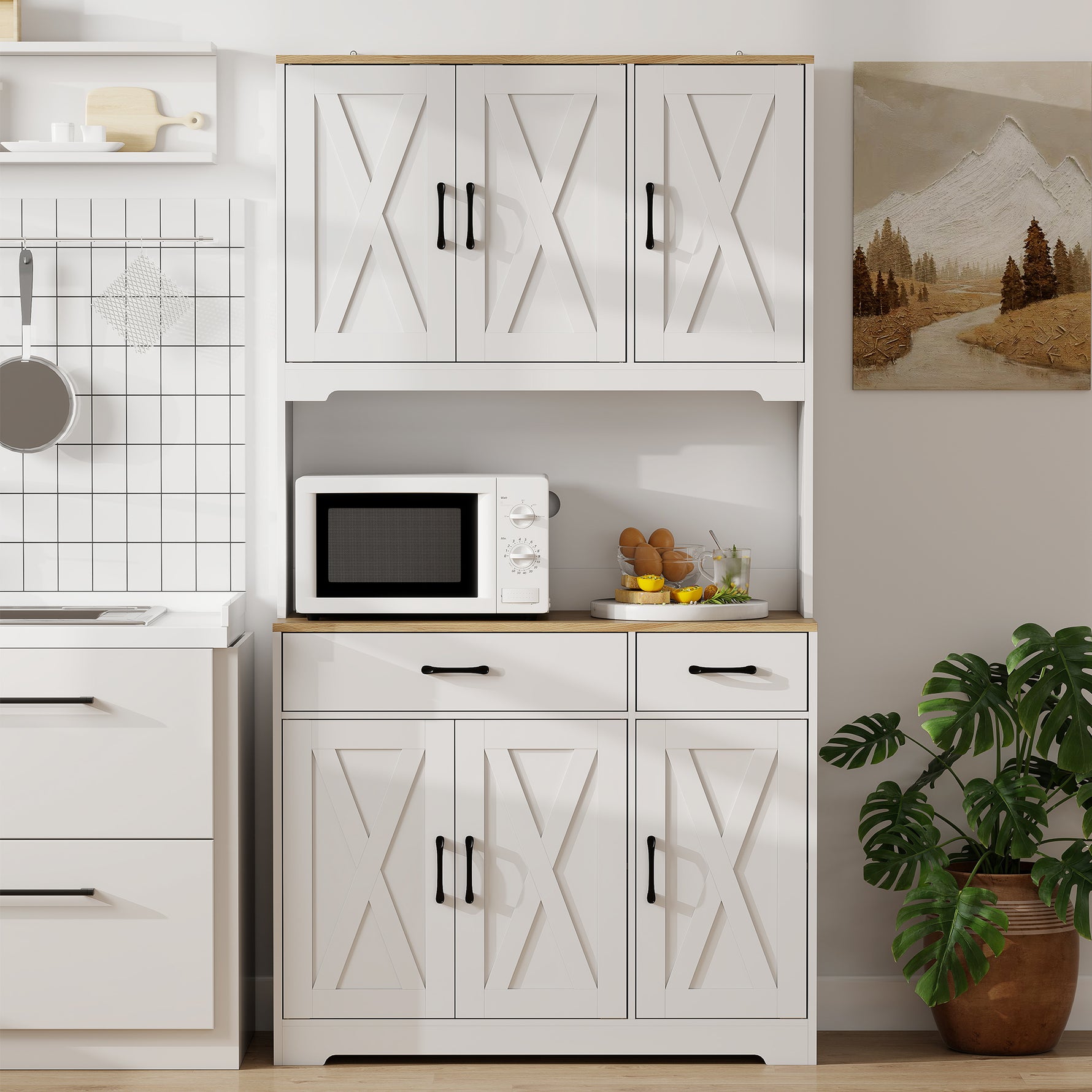 Buffet haut cuisine armoire de cuisine avec 6 portes 2 tiroirs plan de travail étagères réglables 94x39,5x175,2cm blanc