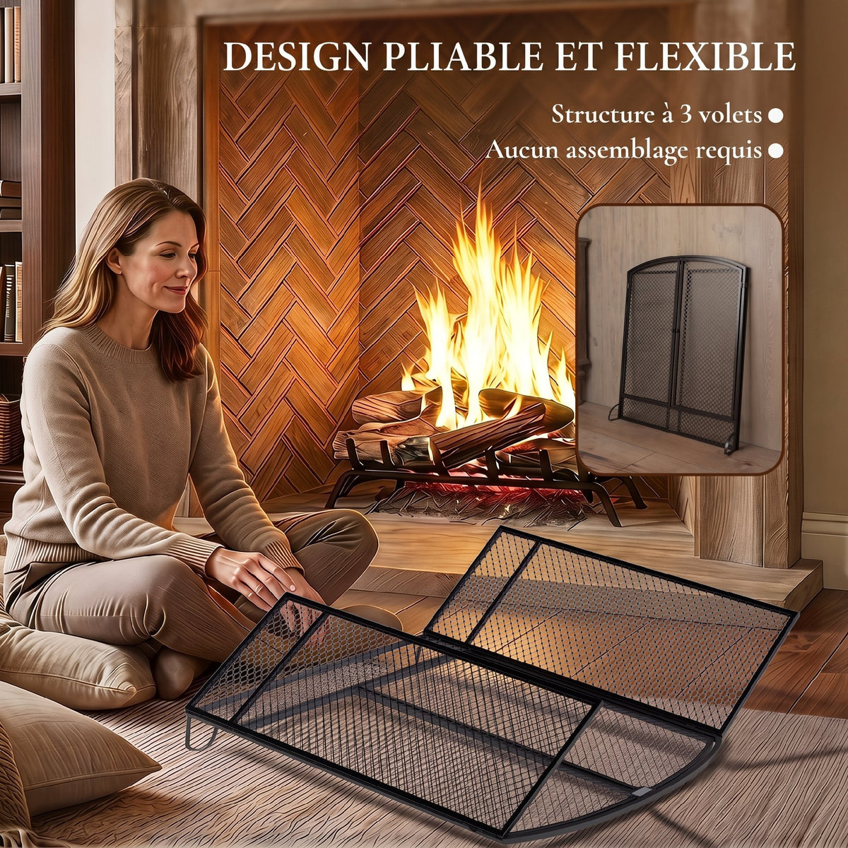 Pare-feu de Cheminée Pliable 3 Panneaux, 2 Portes, Style Moderne, Pare-Étincelles Cheminée en Métal, 122x10x75cm, Noir