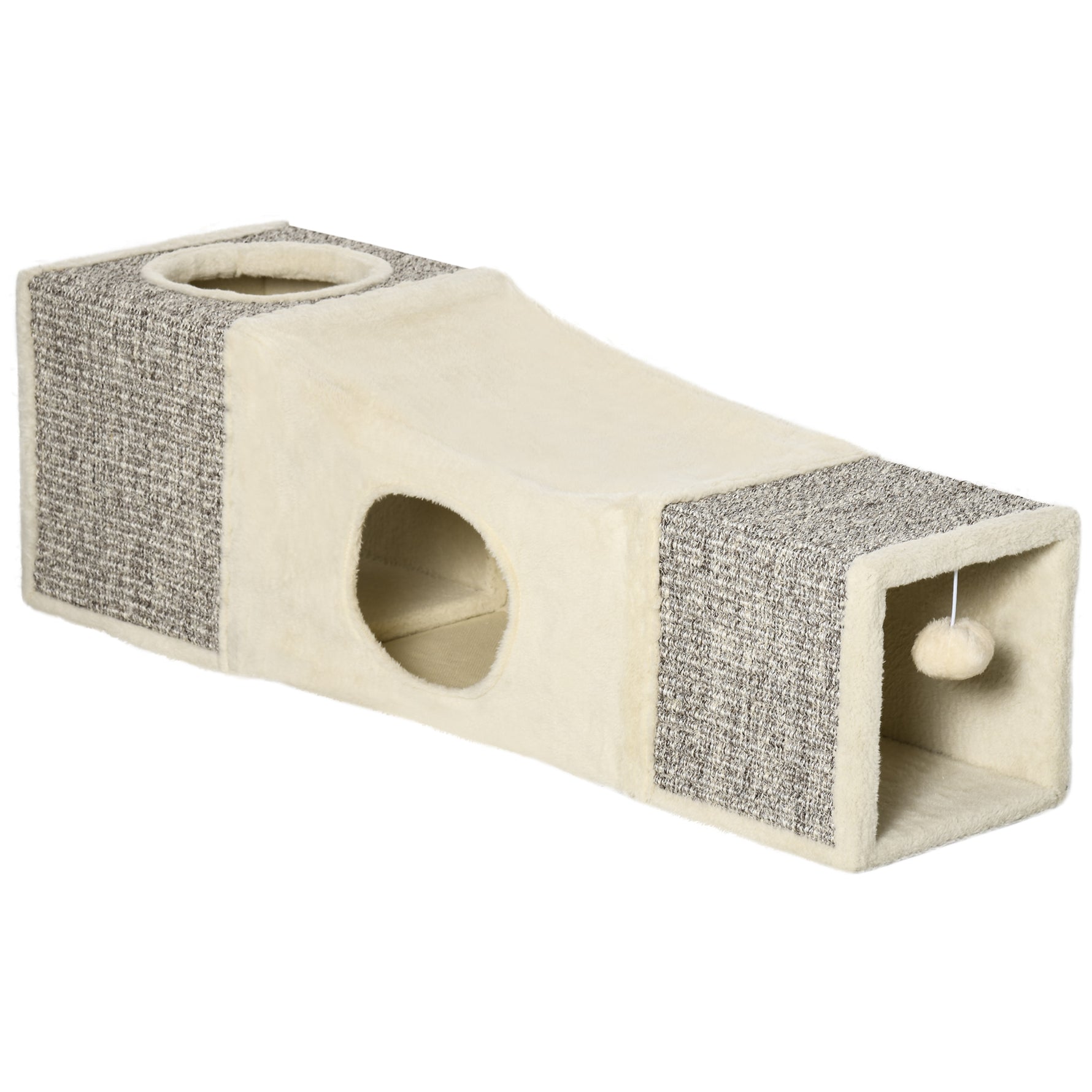 Tunnel pour chat intérieur jouets pour chats avec balle suspendue entrées multiples en sisal 98 x 30 x 30 cm crème
