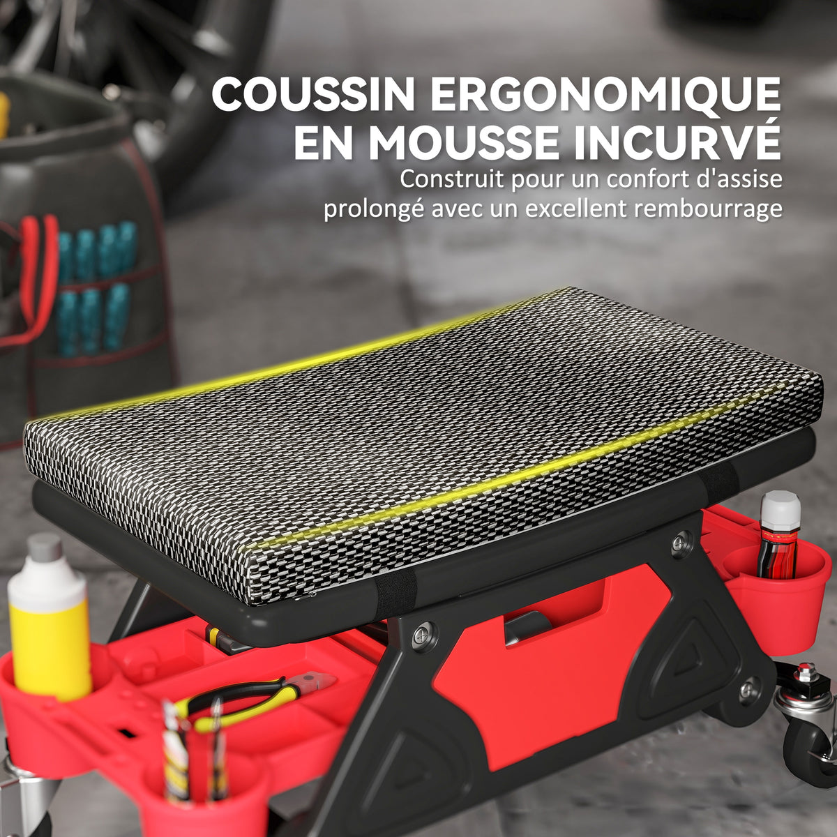 Tabouret d'atelier mobile 135 kg, tabouret de mécanicien avec roulettes rotatif à 360°, 64,5 x 33 x 35 cm, noir