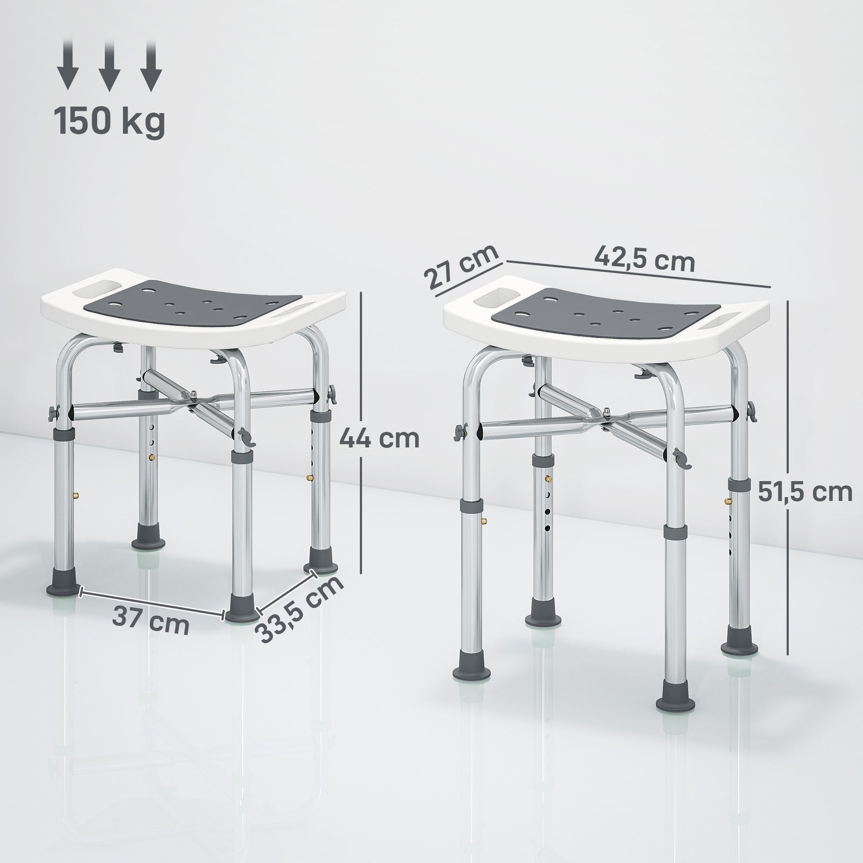 Tabouret de douche chaise de douche - assise rembourré et réglable, patins à ventouses antidérapants, en aluminium gris