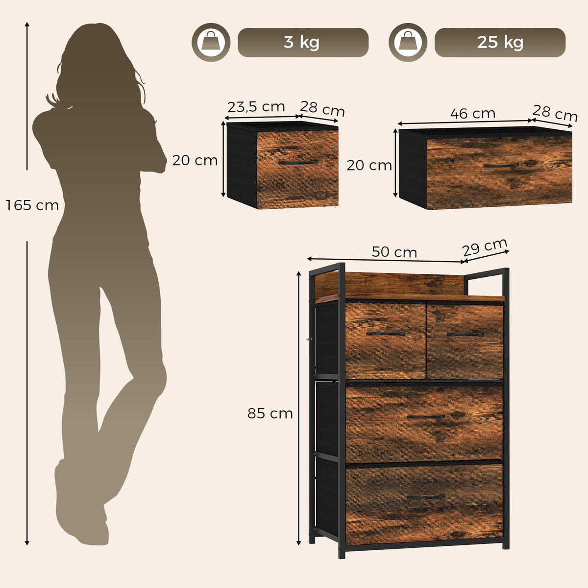 Mobile contenitore stile industriale, cassettiera con 4 cassetti in tessuto pieghevoli e rimovibili e 1 ripiano - 50 x 29 x 85 cm