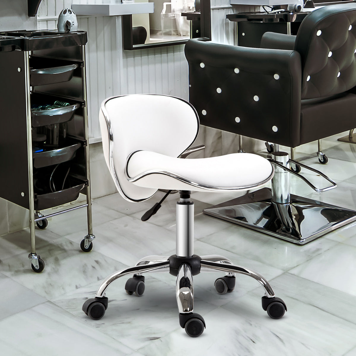 Tabouret à roulettes tabouret de travail avec hauteur réglable 44-56 cm et dossier, pivotant 360°, blanc