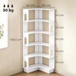 Bibliothèque d'angle, étagère de rangement à 6 niveaux avec panneaux latéraux arqués, 60 x 60 x 165,5 cm, blanc