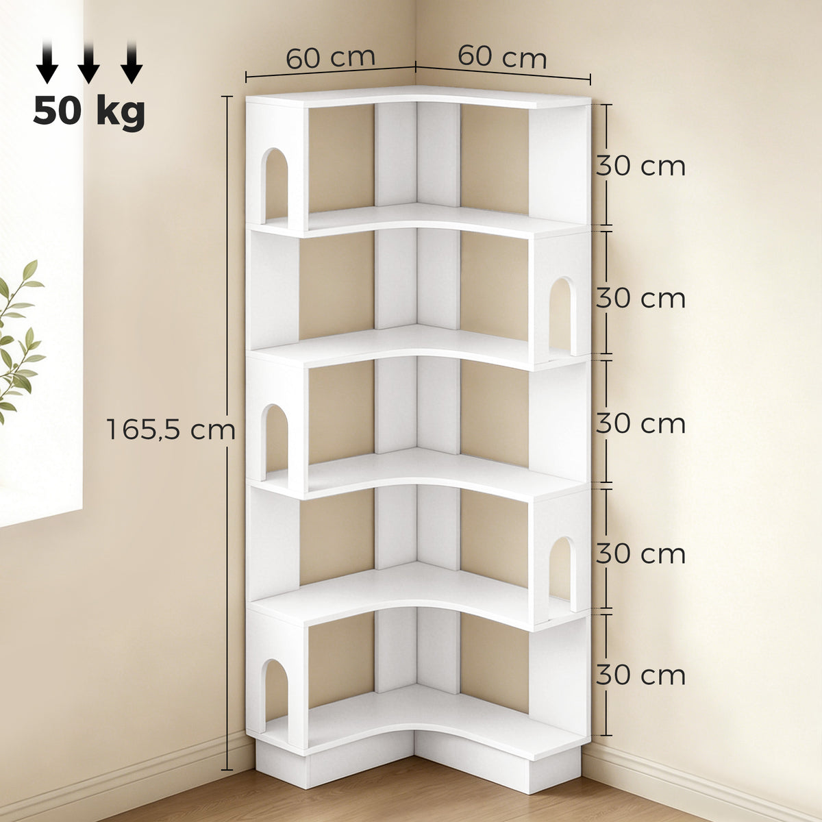 Bibliothèque d'angle, étagère de rangement à 6 niveaux avec panneaux latéraux arqués, 60 x 60 x 165,5 cm, blanc