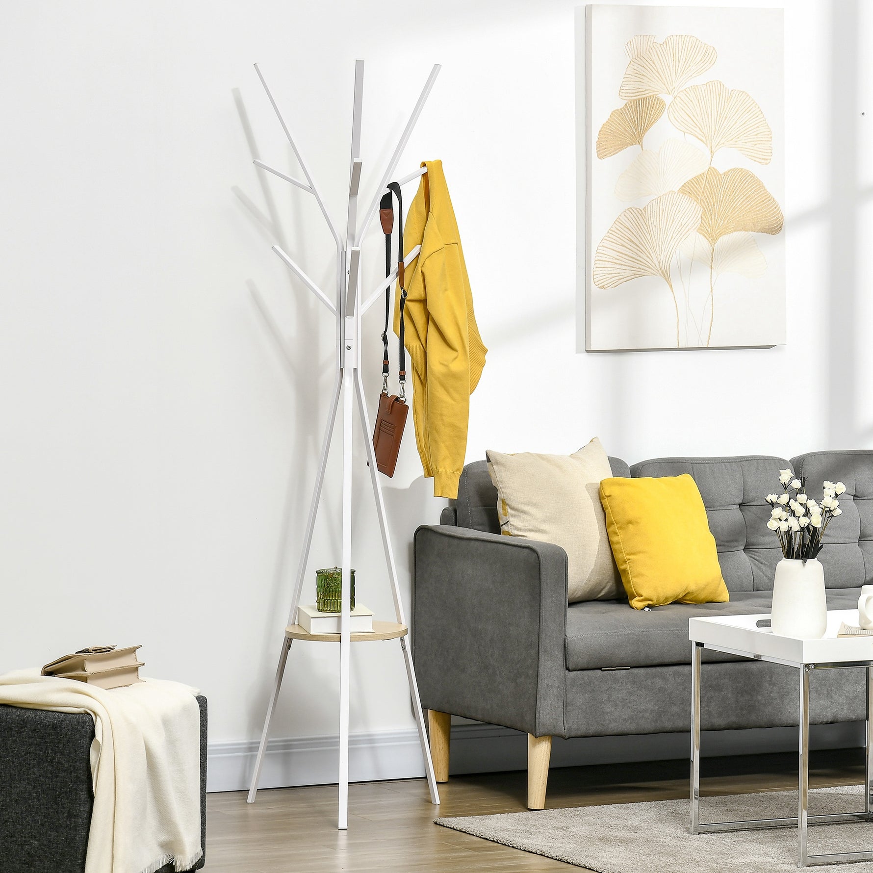 Porte-manteau trépied design contemporain branches étagère + 9 patères dim. 45L x 45l x 180H cm métal blanc