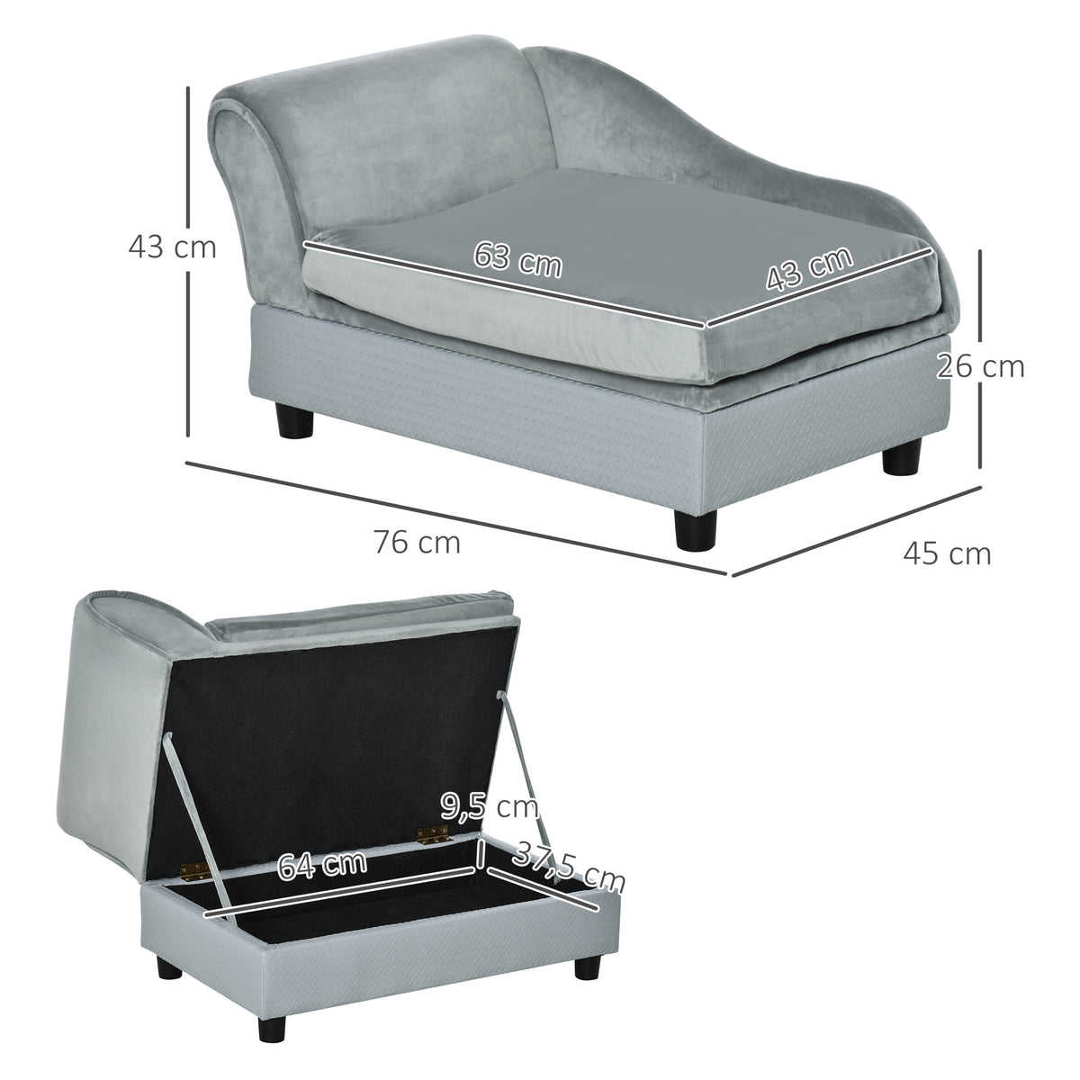Canapé Chien Chat sur Pied avec Coffre de Rangement Style Moderne Coussin d'assise Amovible Grand Confort 76 x 45 x 43 cm gris clair
