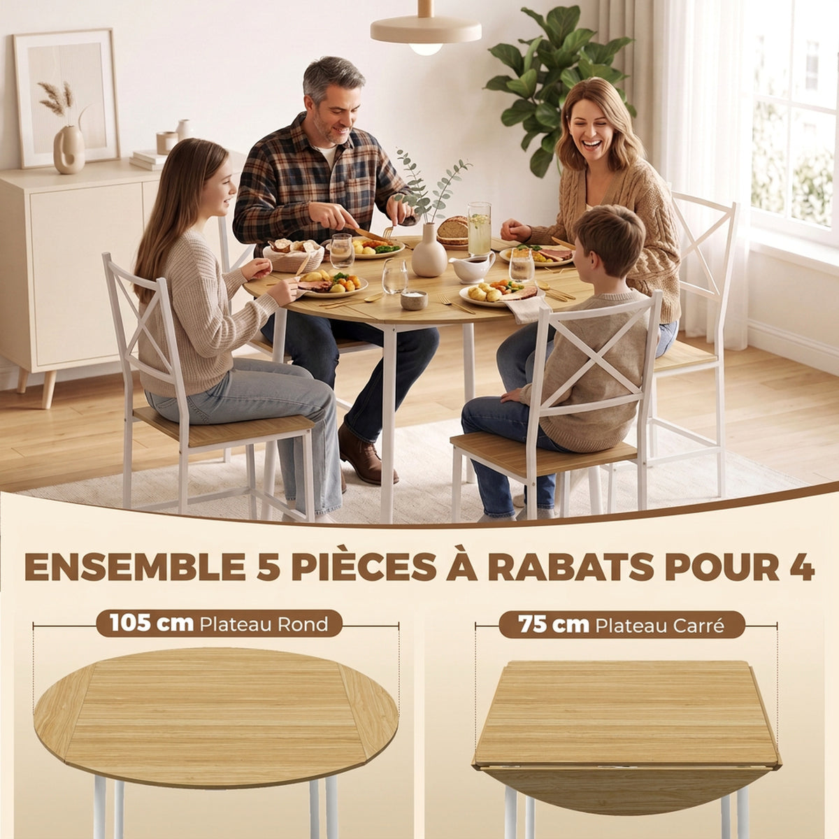Set da pranzo con tavolo e 4 sedie per 4 persone, tavolo da cucina pieghevole da 105 cm, sedie impilabili, rovere