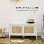 Banc à chaussures meuble de rangement avec porte coulissante et façades rotin tissé 80 x 35 x 45 cm blanc