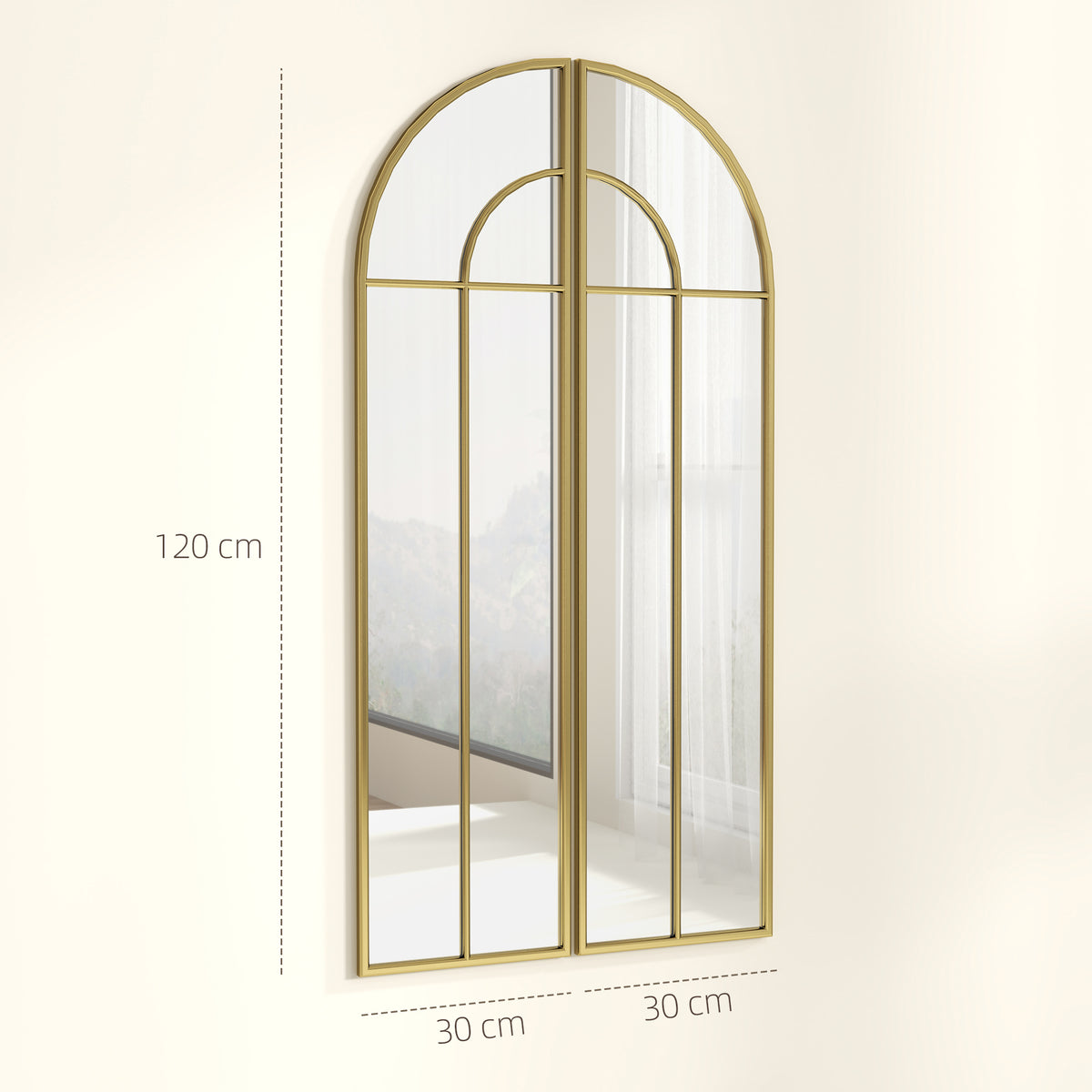 Miroir mural arc 30 x 120 cm, grand miroir décoratif avec cadre métallique, pour salon, chambre, couloir, ton doré