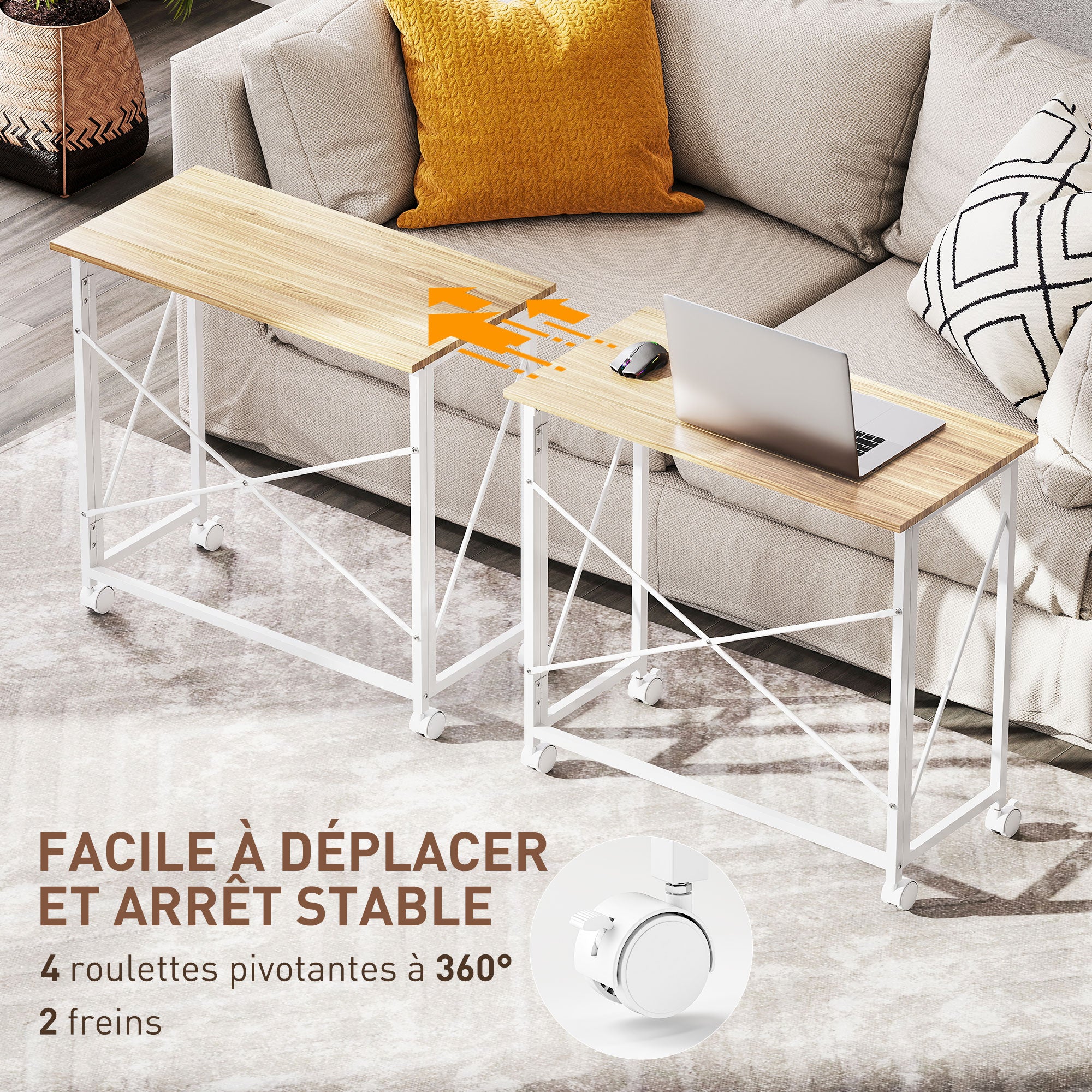 Bureau pliant table d'ordinateur 80 x 40 cm sur roulettes pour bureau à domicile, chambre, petits espaces, chêne