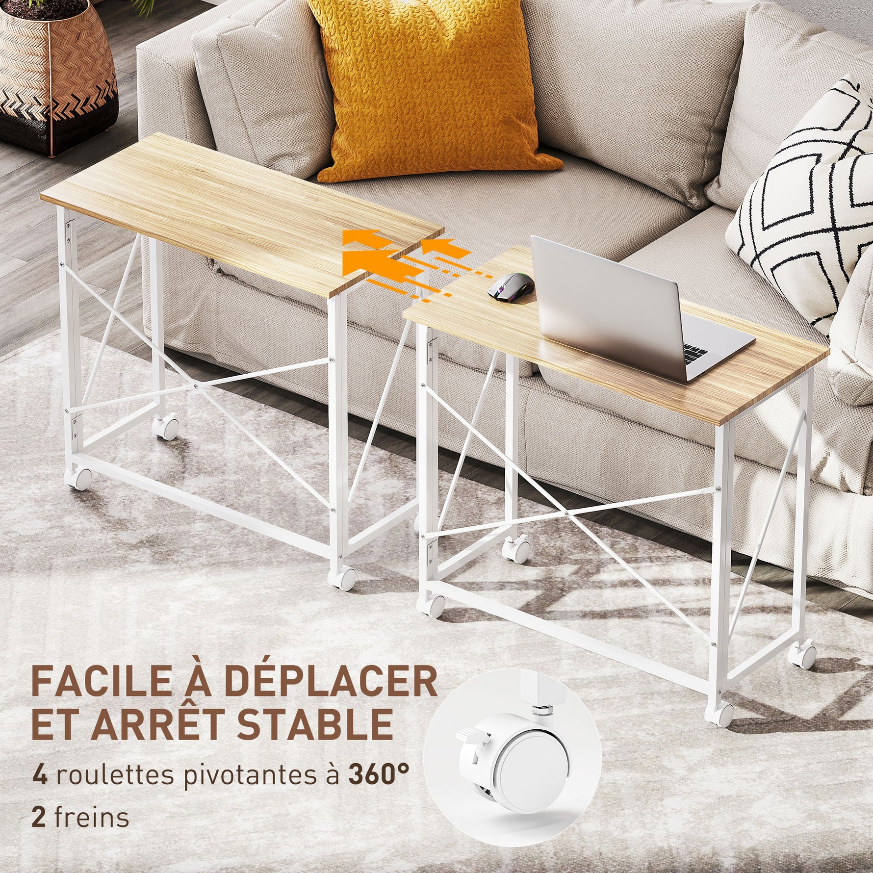 Bureau pliant table d'ordinateur 80 x 40 cm sur roulettes pour bureau à domicile, chambre, petits espaces, chêne