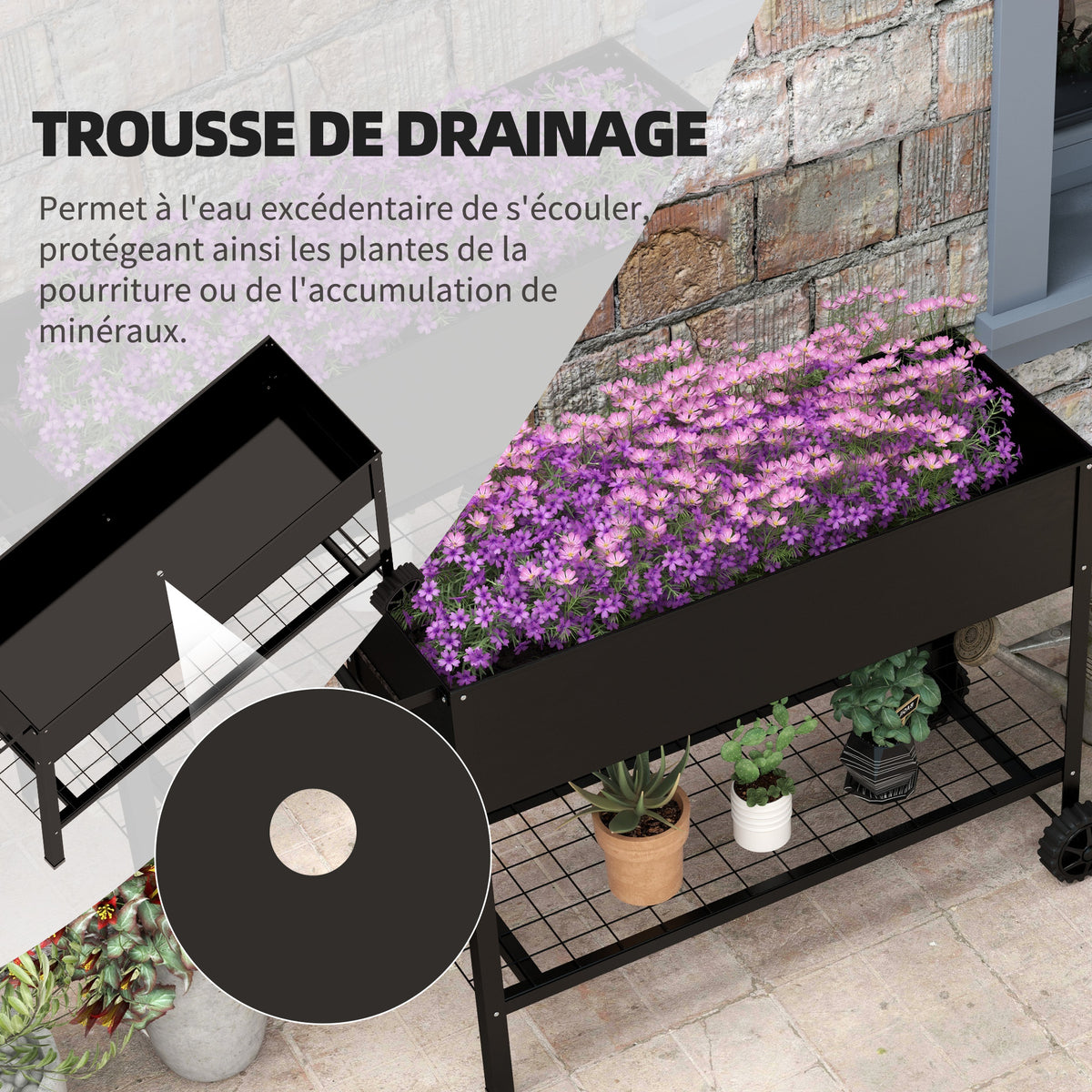 Jardinière sur Pieds Potager dim. 109L x 39l x 80H cm étagère 2 Roues + Insert d'irrigation métal Noir