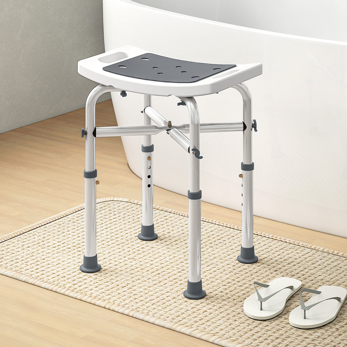 Tabouret de douche chaise de douche - assise rembourré et réglable, patins à ventouses antidérapants, en aluminium gris