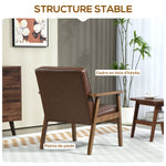 Fauteuil de salon, fauteuil de chambre en cuir synthétique, dossier capitonné, pieds en bois massif, 64x73x81cm, marron