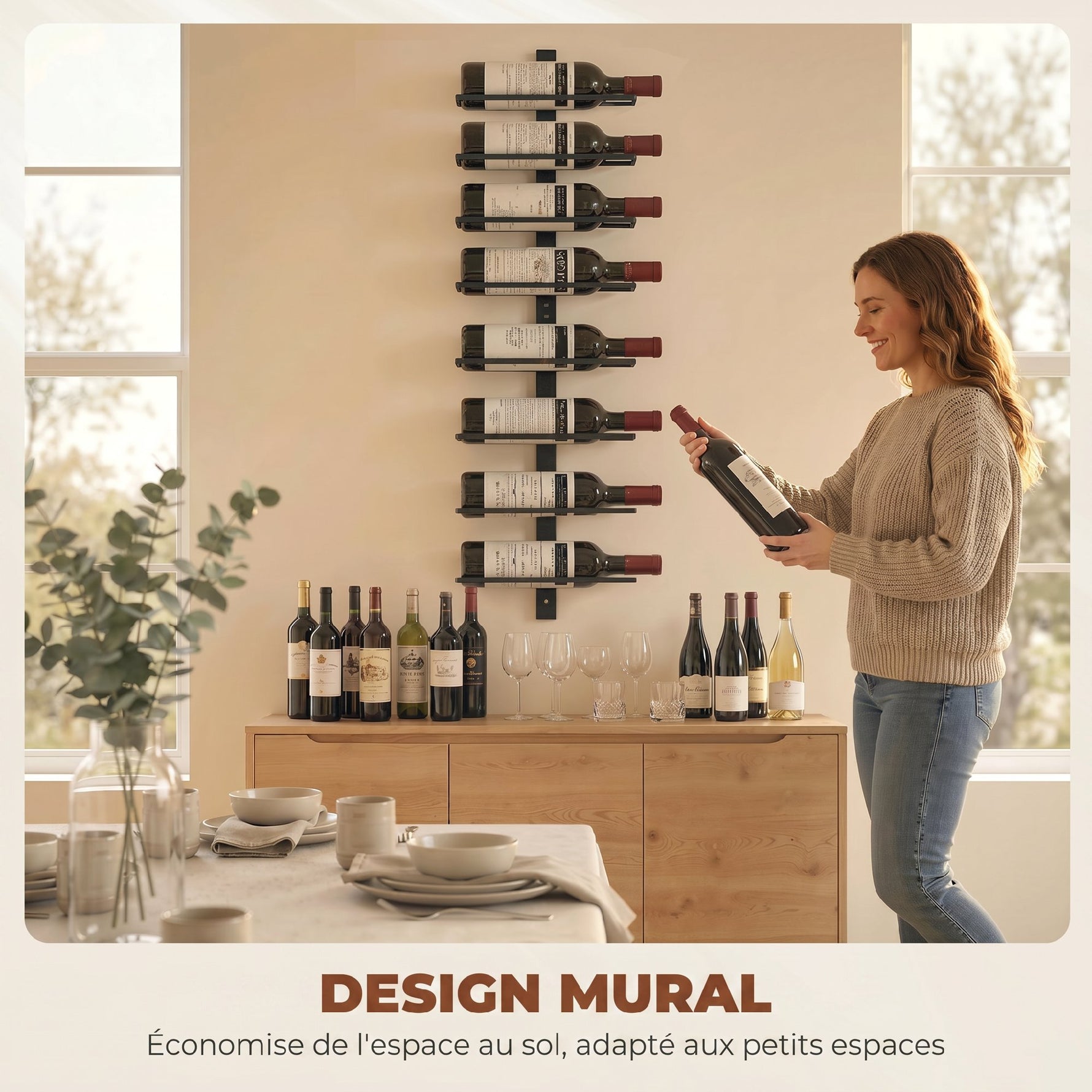 Porte bouteille mural en acier pour 8 bouteilles, pour cuisine, bar, salle à manger, cave, noir