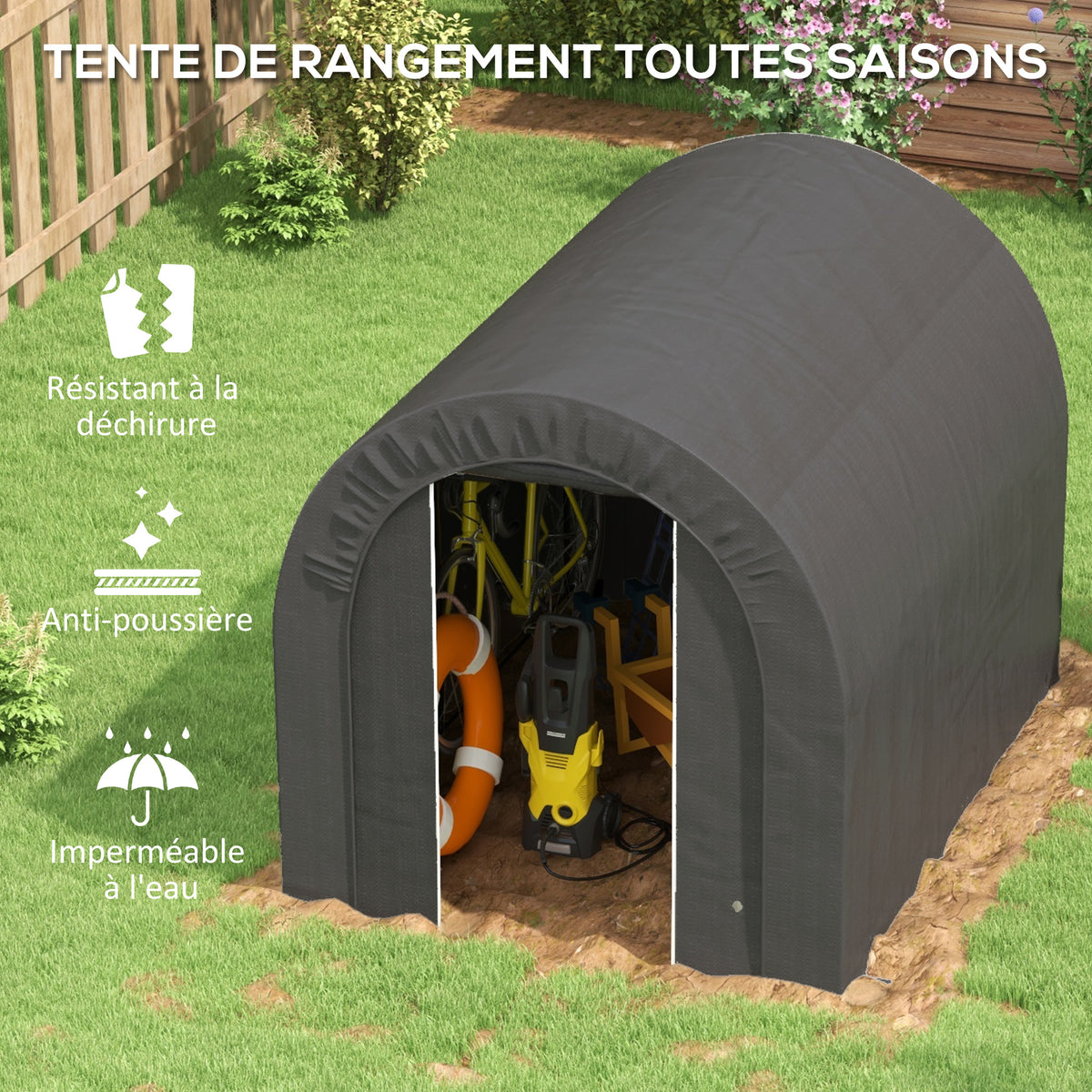 Lorategiko etxola, kanpoko biltegiratze-tenda, bizikleta-tokia, bizikleta-garajea, PE estalkia, metalezkoa, 2,4 x 1,8 x 1,9 m, gris iluna
